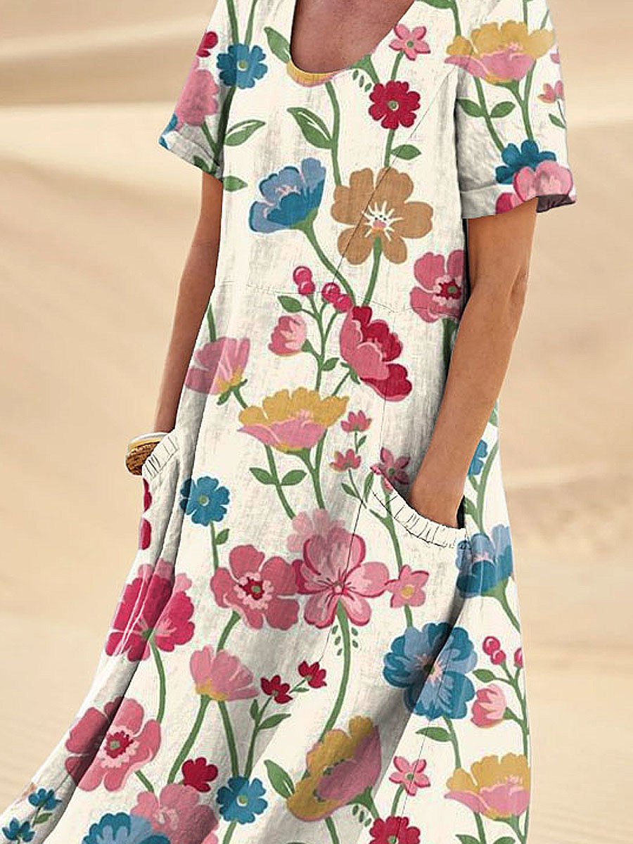 Elegant Flowers Linen Dress