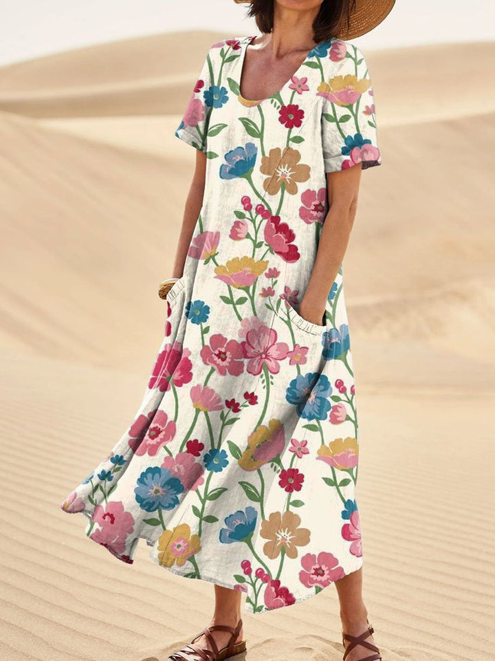 Elegant Flowers Linen Dress